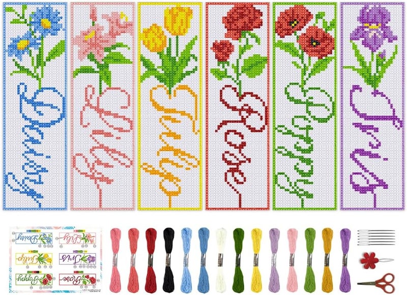 BEUNITONE 6 PCS Cross Stitch Bookmark Kit for Adults Beginners,Text and Flowers Pre-Printed Cross Stitch,DIY Stamped Embroidery Bookmark Kits,with Instructions,Craft Kit for Book Lovers 8.5''x3'' - Image 1